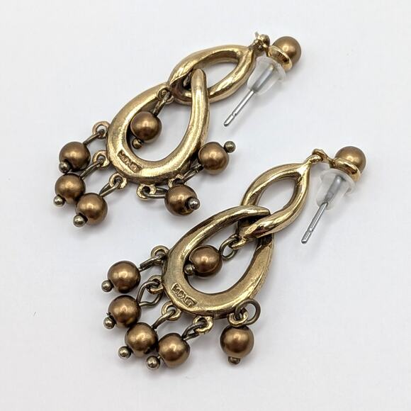 Vintage MONET Faux Pearl Rhinestone Chandelier Dangle Drop Earrings Bronze Tone - Picture 3 of 6